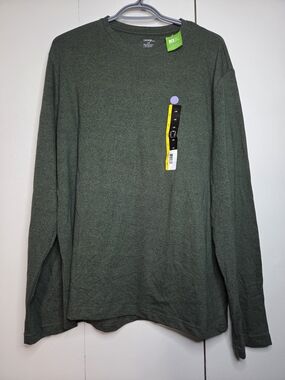 🌷George Men's L Olive Green Long-Sleeve Crewneck Shirt Soft Feel Comfort